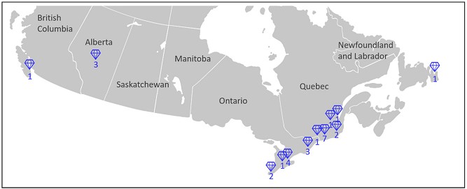 Map showing location of National (Canadian) collaborators